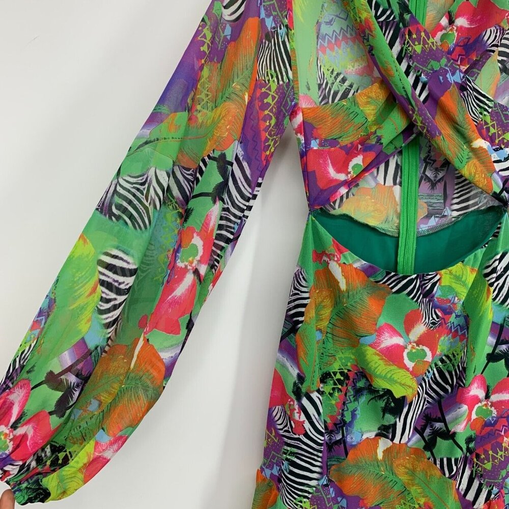 Shein Dress Maxi Hi Lo Cutout Green Tropical Print Long Sleeve NWT - Picture 9 of 16